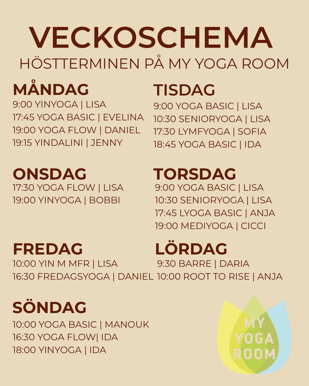 Höstschema 2025 My Yoga Room. Yoga klasser översikt